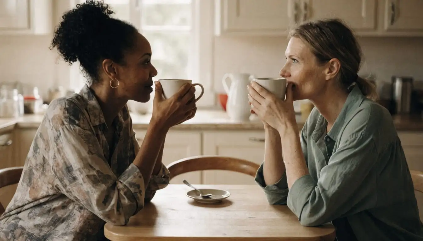Two friends chatting warmly over mugs of tea at a kitchen table in soft natural light