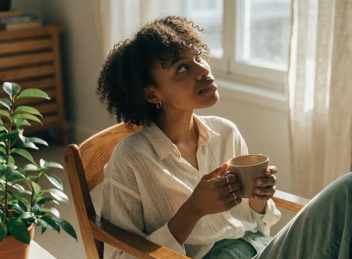 A person sitting calmly with a warm drink in soft natural daylight at home
